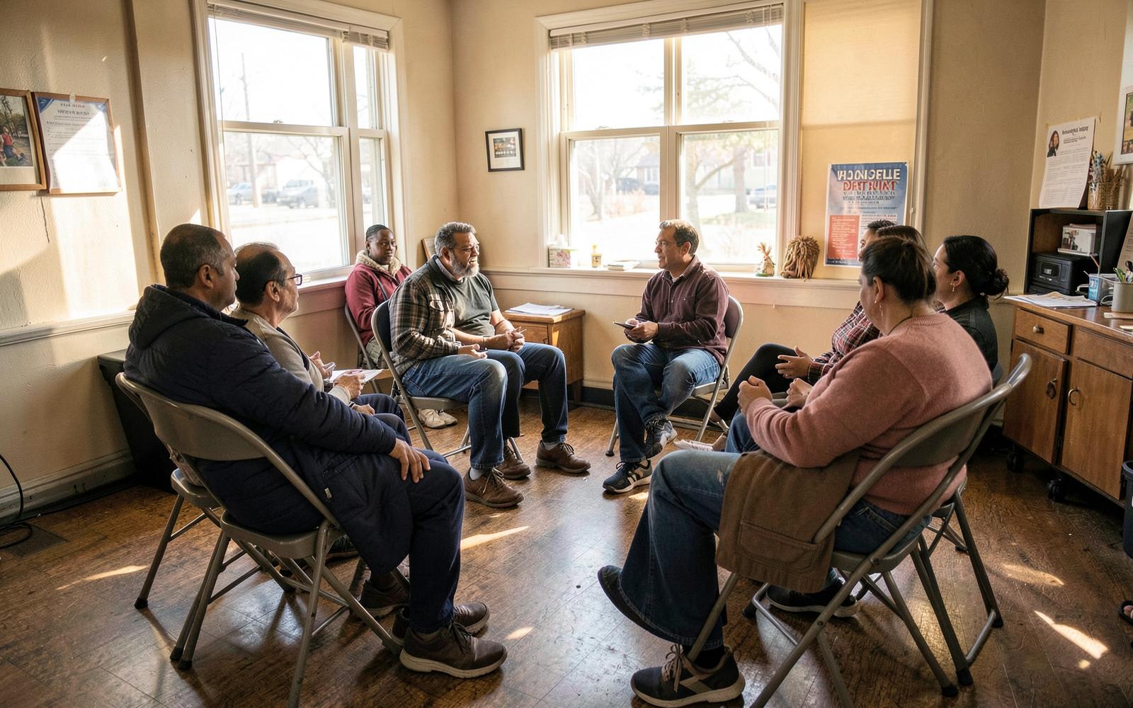 Neighbors seated in a circle at a Detroit community meeting